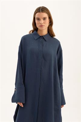 Geniş Manşetli %100 Keten Tunik Lacivert