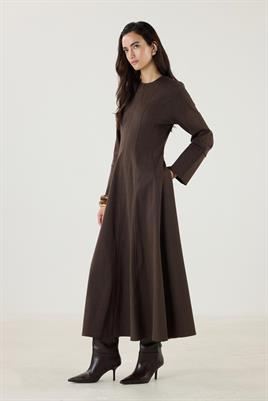 Geniş Manşetli Evaze Elbise Acı kahve