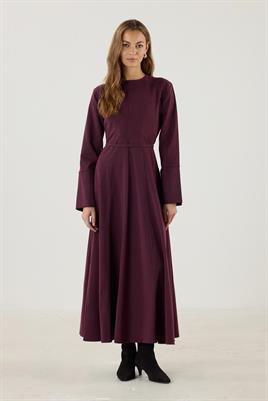 Geniş Manşetli Evaze Elbise Bordo