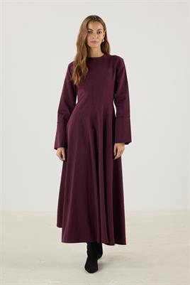 Geniş Manşetli Evaze Elbise Bordo