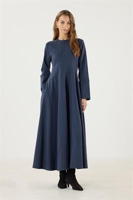 Geniş Manşetli Evaze Elbise Lacivert