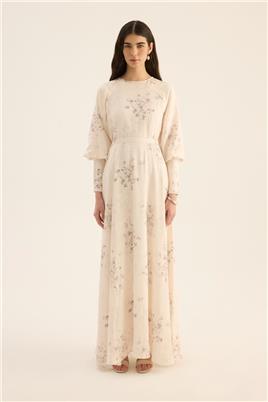 Geniş Manşetli Gece Elbisesi Krem