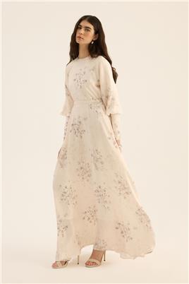 Geniş Manşetli Gece Elbisesi Krem