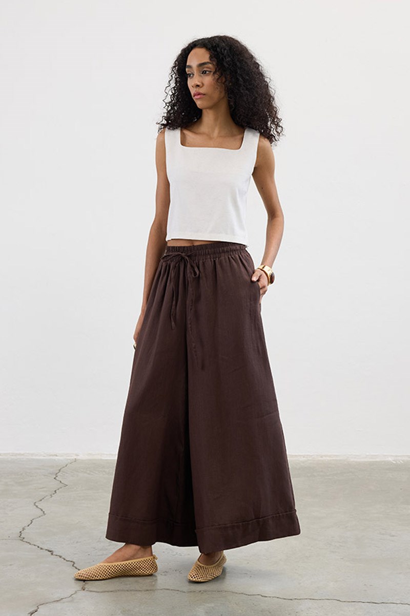Geniş Paça %100 Keten Pantolon Acı kahve