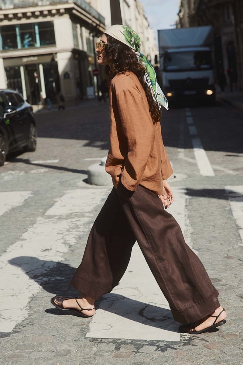 Geniş Paça %100 Keten Pantolon Acı kahve