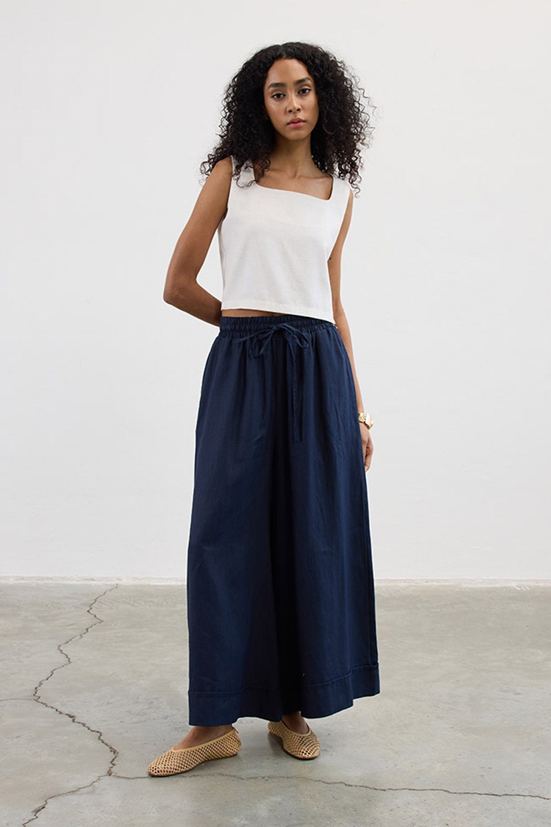 Geniş Paça %100 Keten Pantolon Lacivert