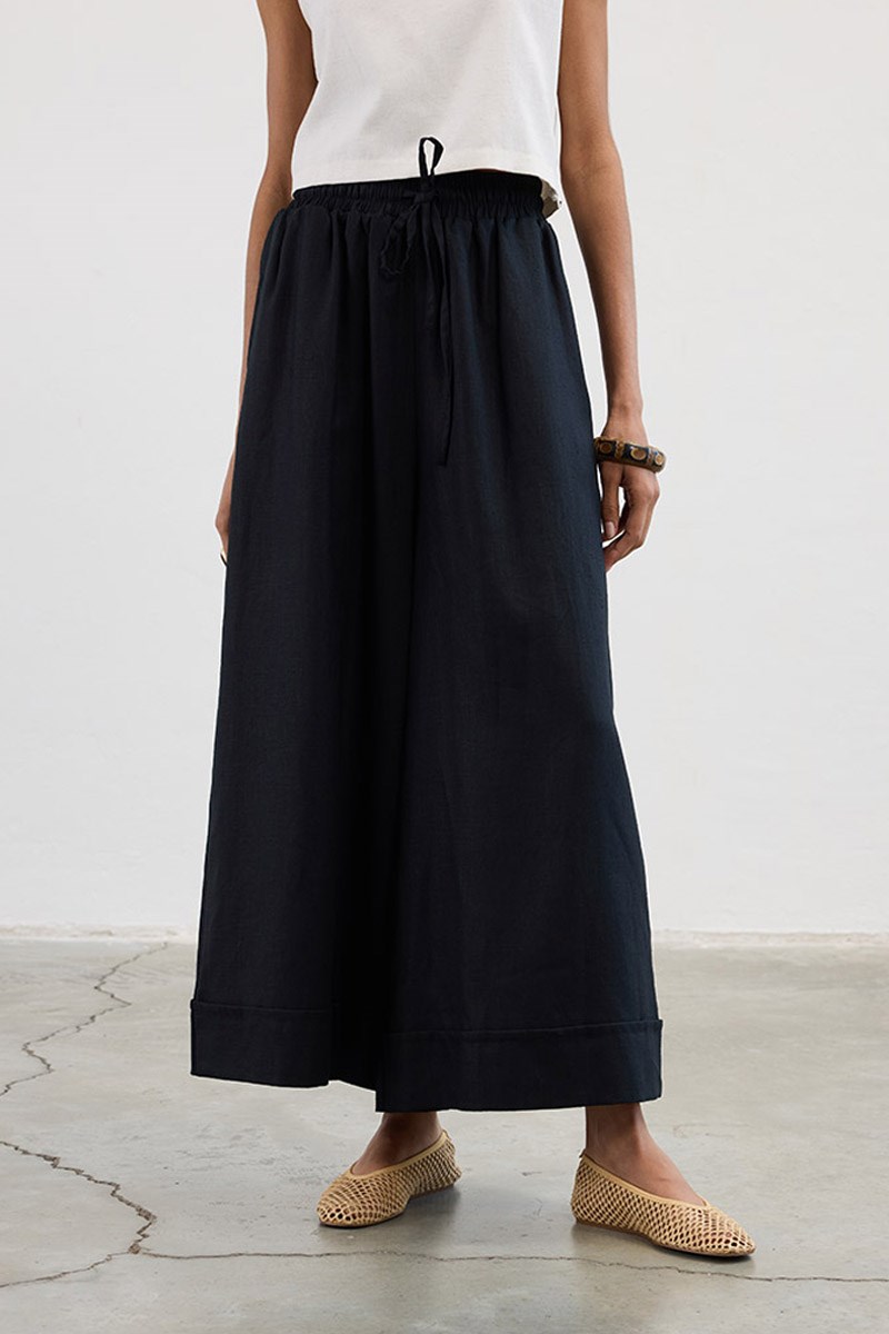 Geniş Paça %100 Keten Pantolon Siyah