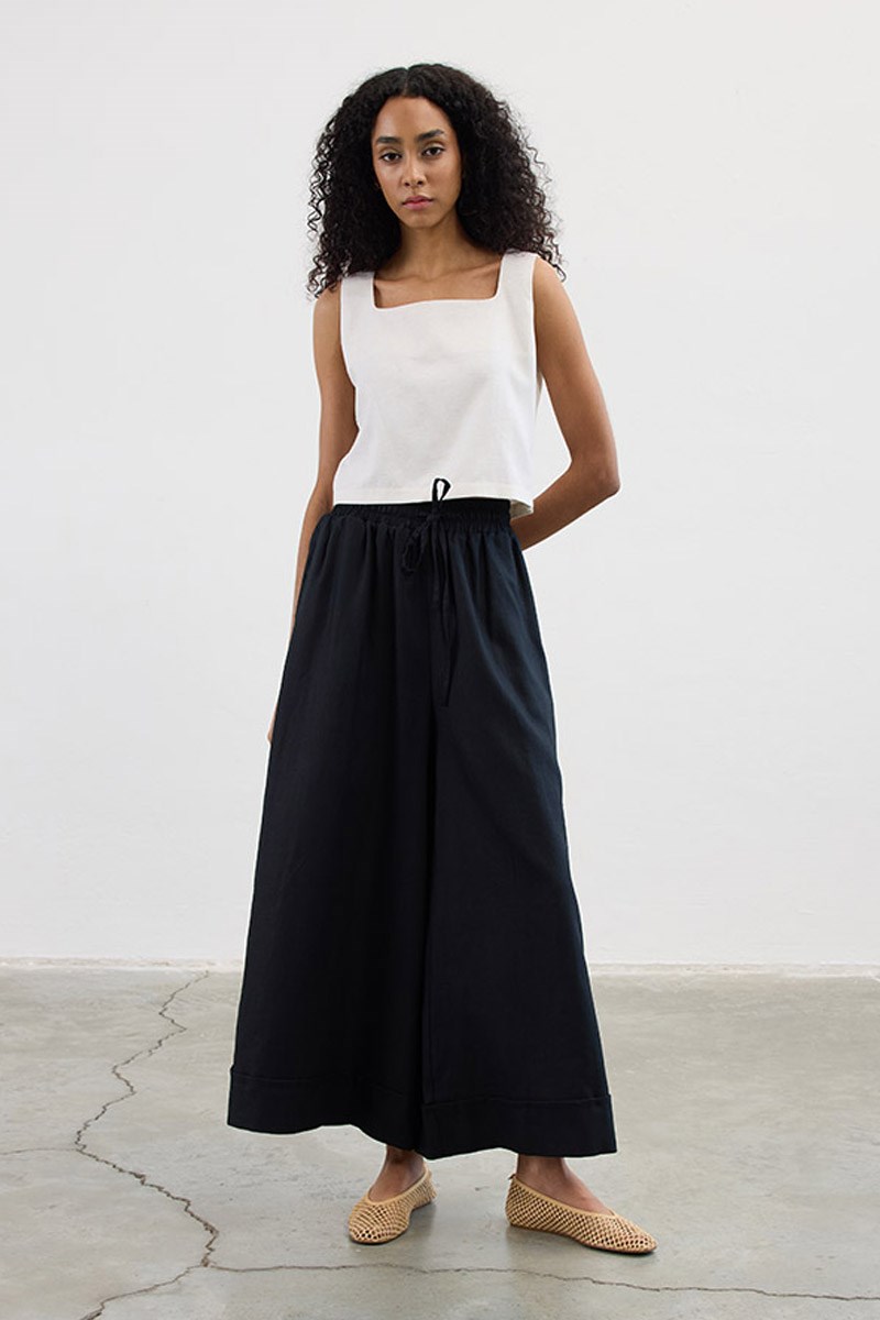 Geniş Paça %100 Keten Pantolon Siyah