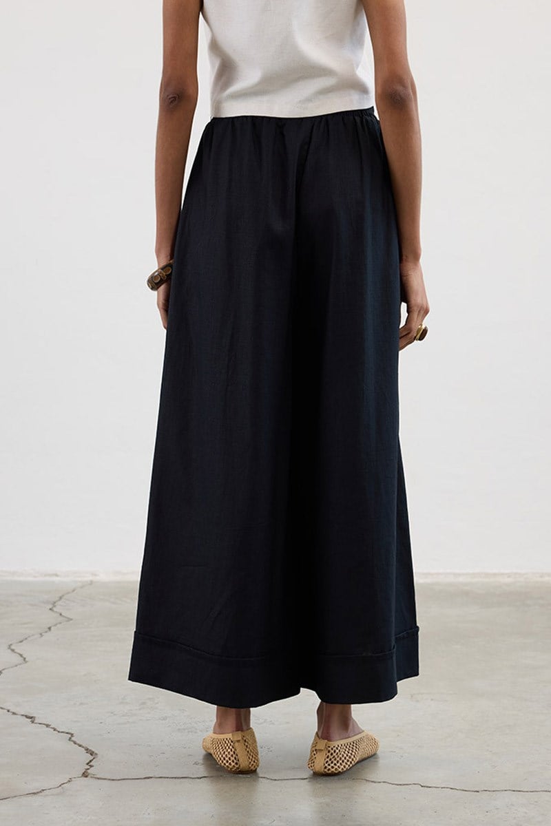 Geniş Paça %100 Keten Pantolon Siyah