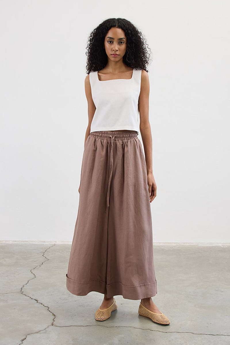 Geniş Paça %100 Keten Pantolon Vizon