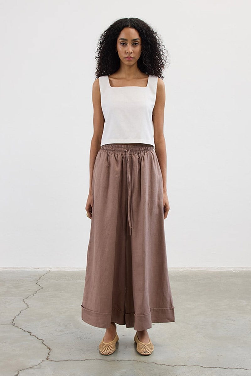 Geniş Paça %100 Keten Pantolon Vizon