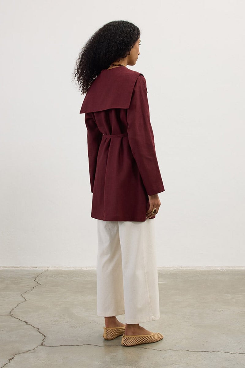 Geniş Yaka %100 Keten Ceket Bordo