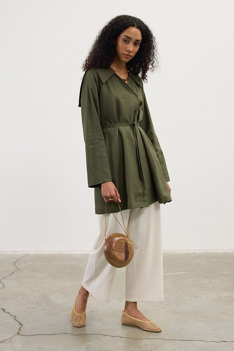 Geniş Yaka %100 Keten Ceket Haki