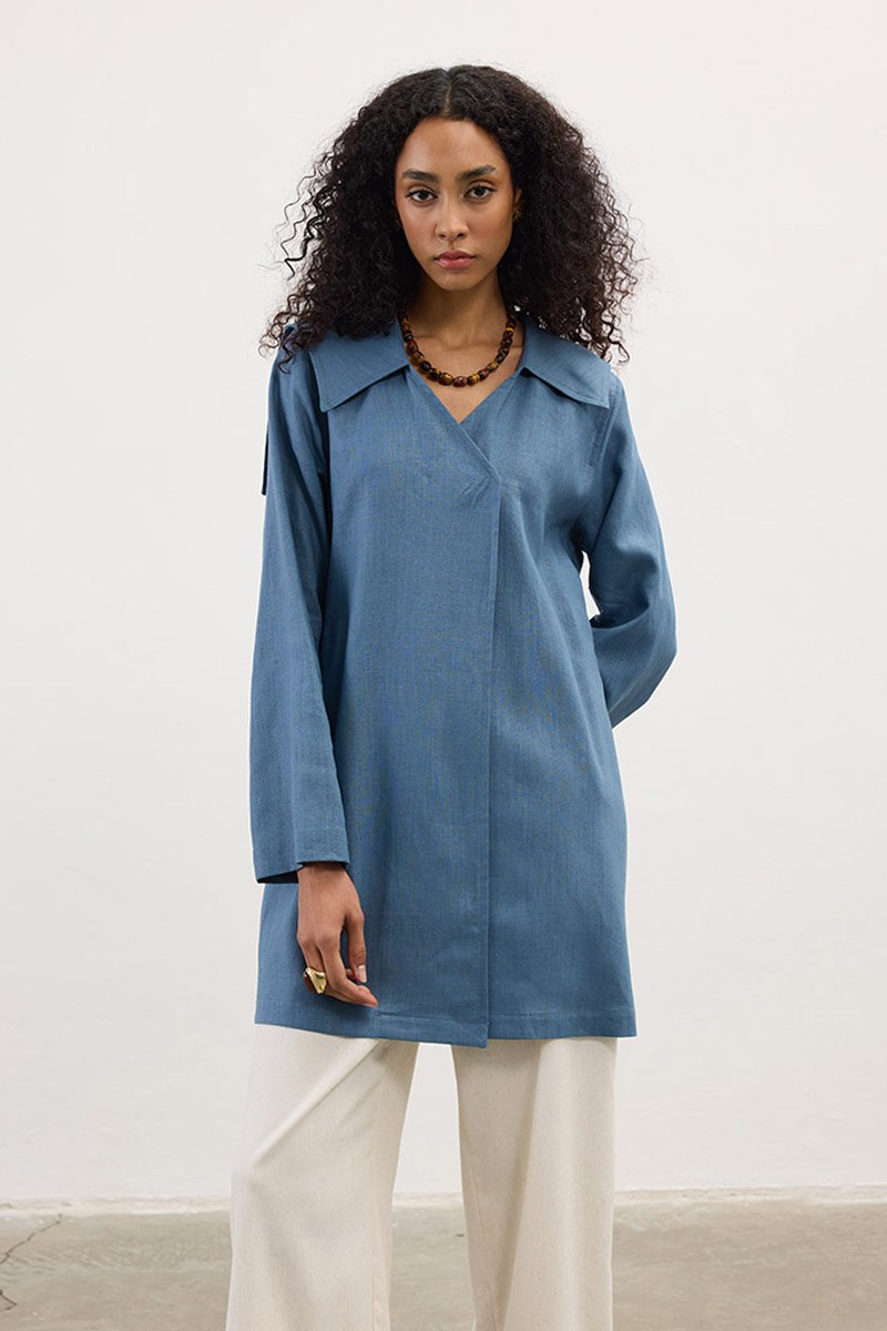 Geniş Yaka %100 Keten Ceket Retro Mavi