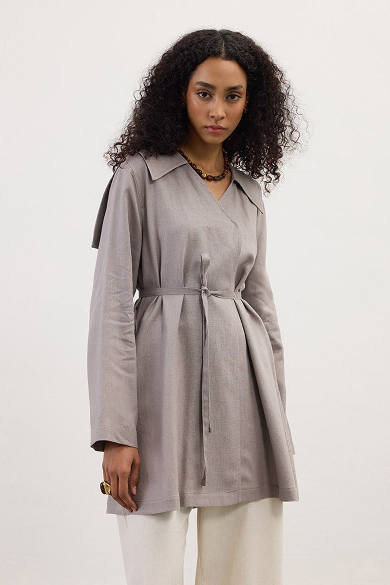 Geniş Yaka %100 Keten Ceket Vizon