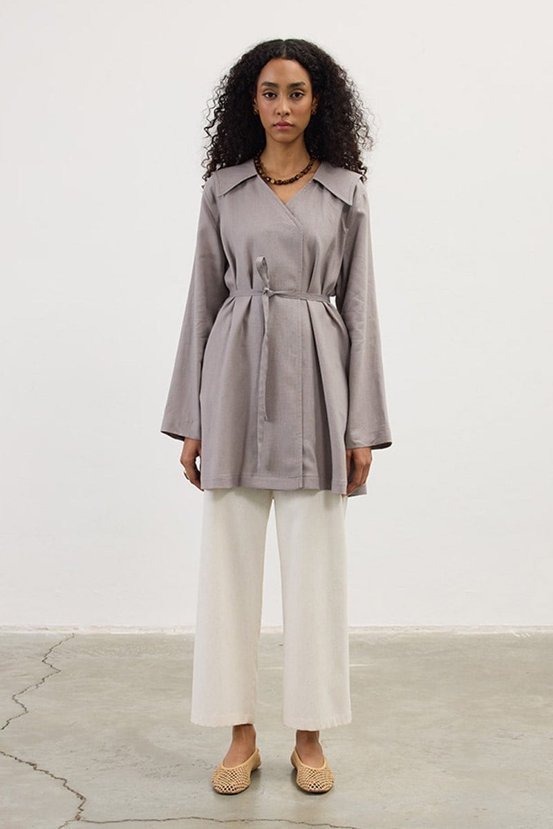 Geniş Yaka %100 Keten Ceket Vizon