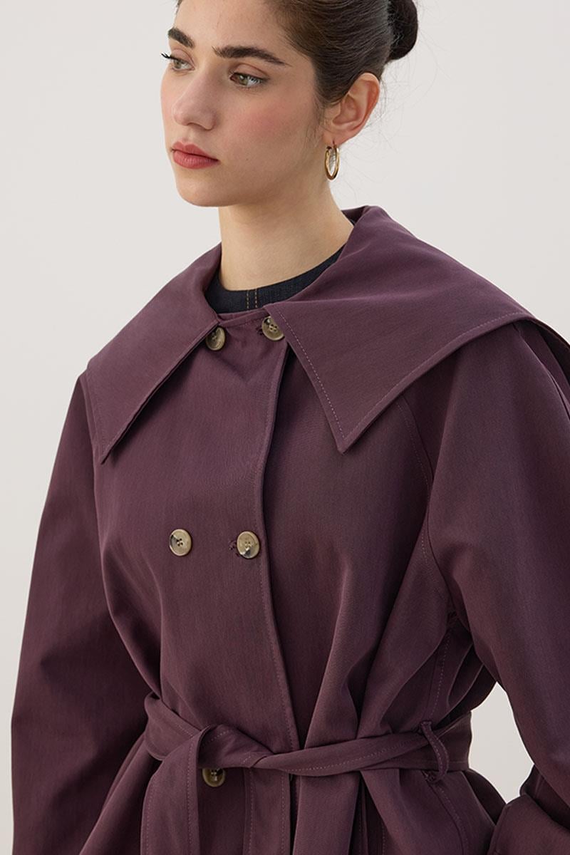 Geniş Yaka Kısa Trençkot Mürdüm