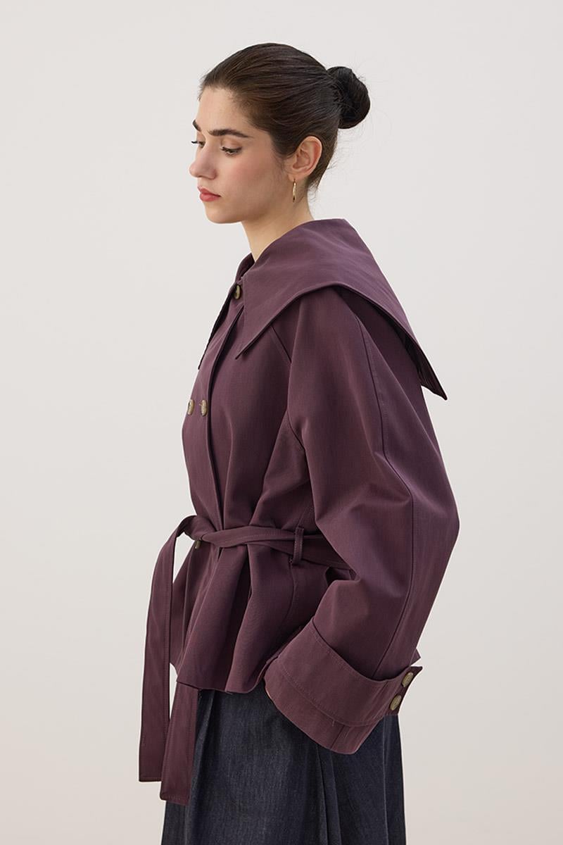 Geniş Yaka Kısa Trençkot Mürdüm