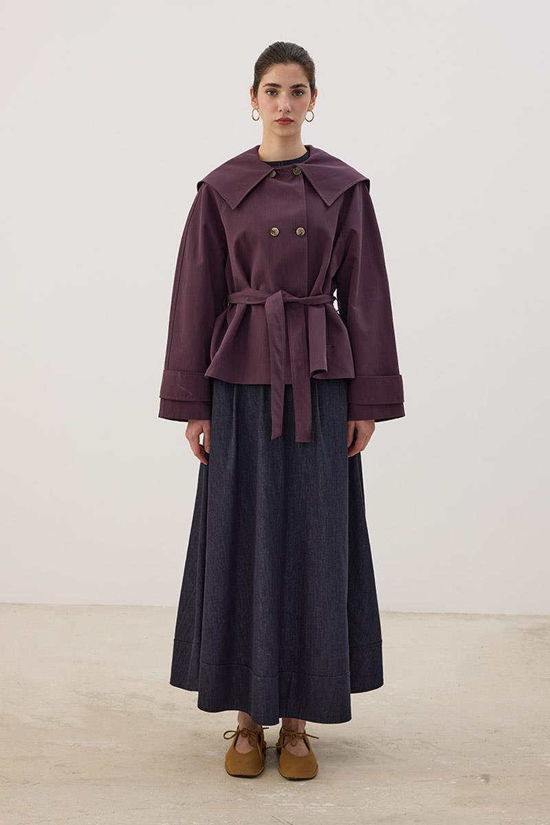 Geniş Yaka Kısa Trençkot Mürdüm