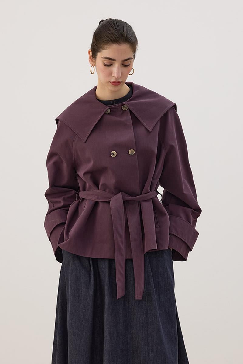 Geniş Yaka Kısa Trençkot Mürdüm