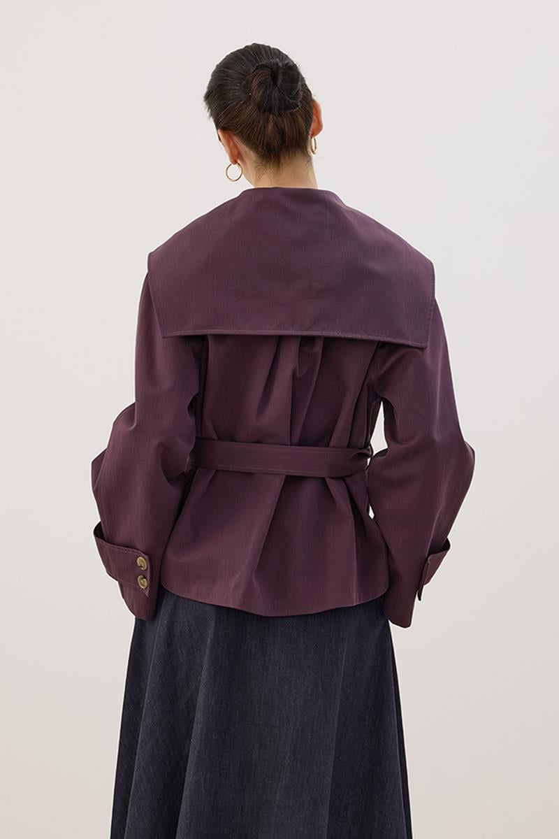 Geniş Yaka Kısa Trençkot Mürdüm