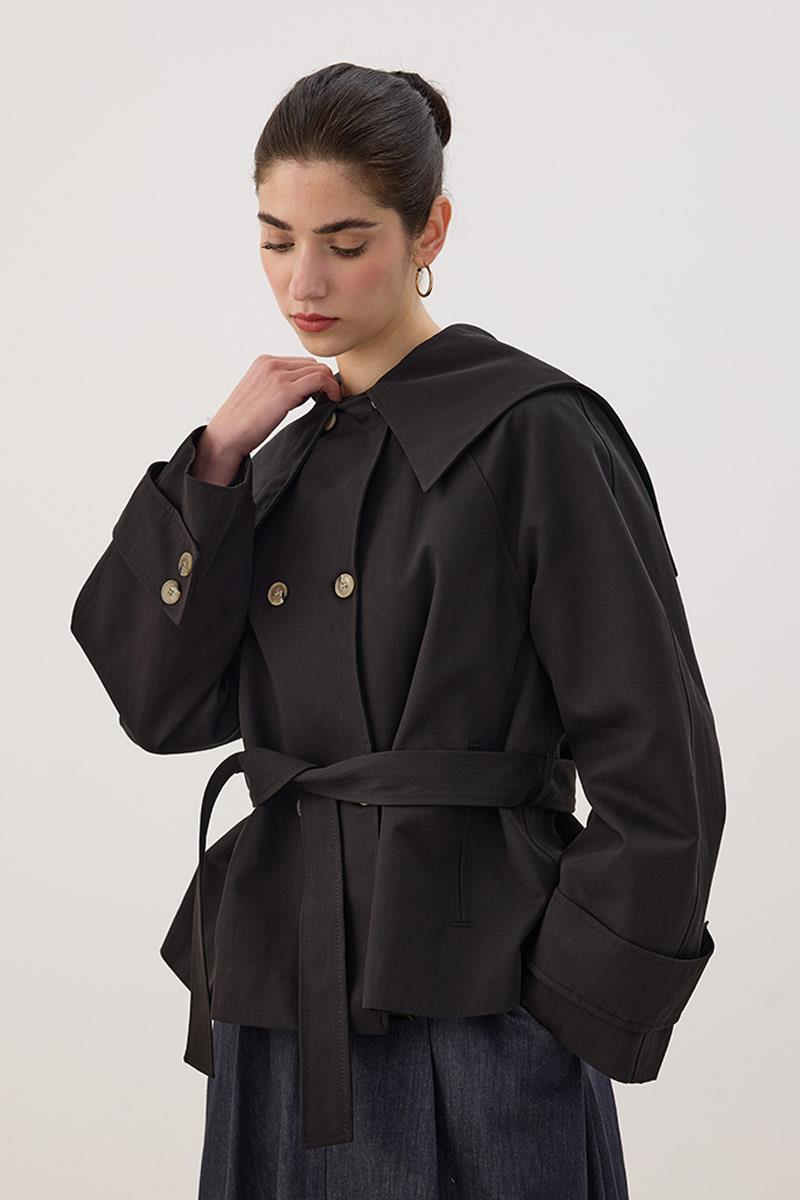 Geniş Yaka Kısa Trençkot Siyah