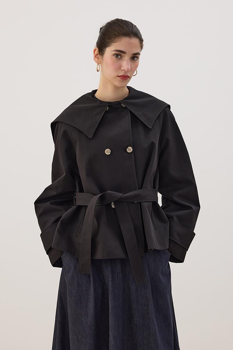 Geniş Yaka Kısa Trençkot Siyah