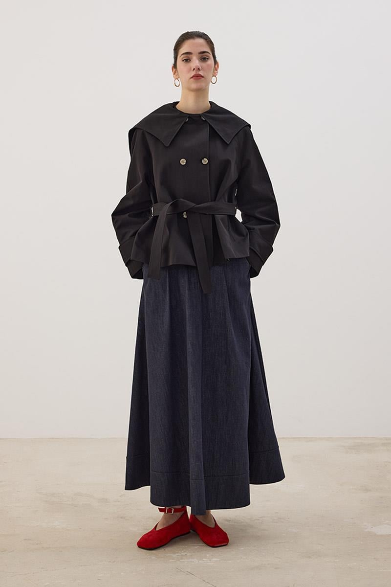 Geniş Yaka Kısa Trençkot Siyah