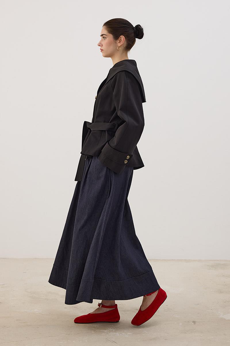 Geniş Yaka Kısa Trençkot Siyah