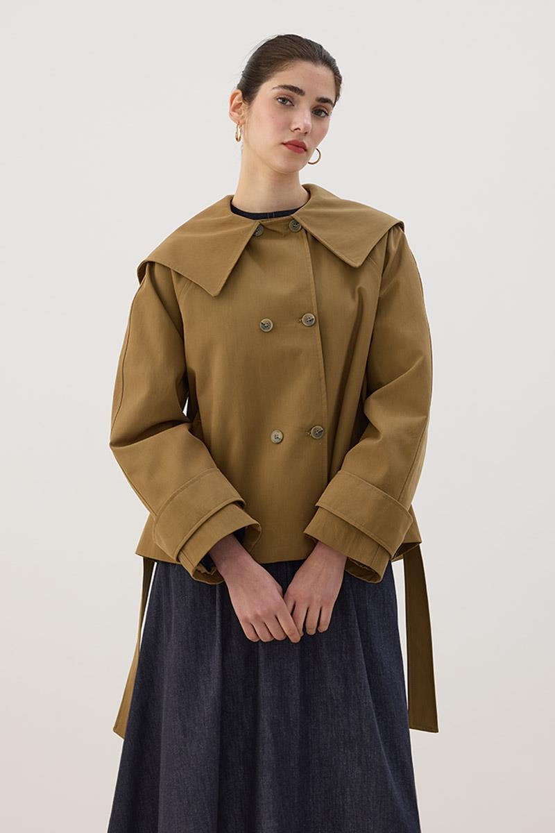 Geniş Yaka Kısa Trençkot Yağ Yeşili