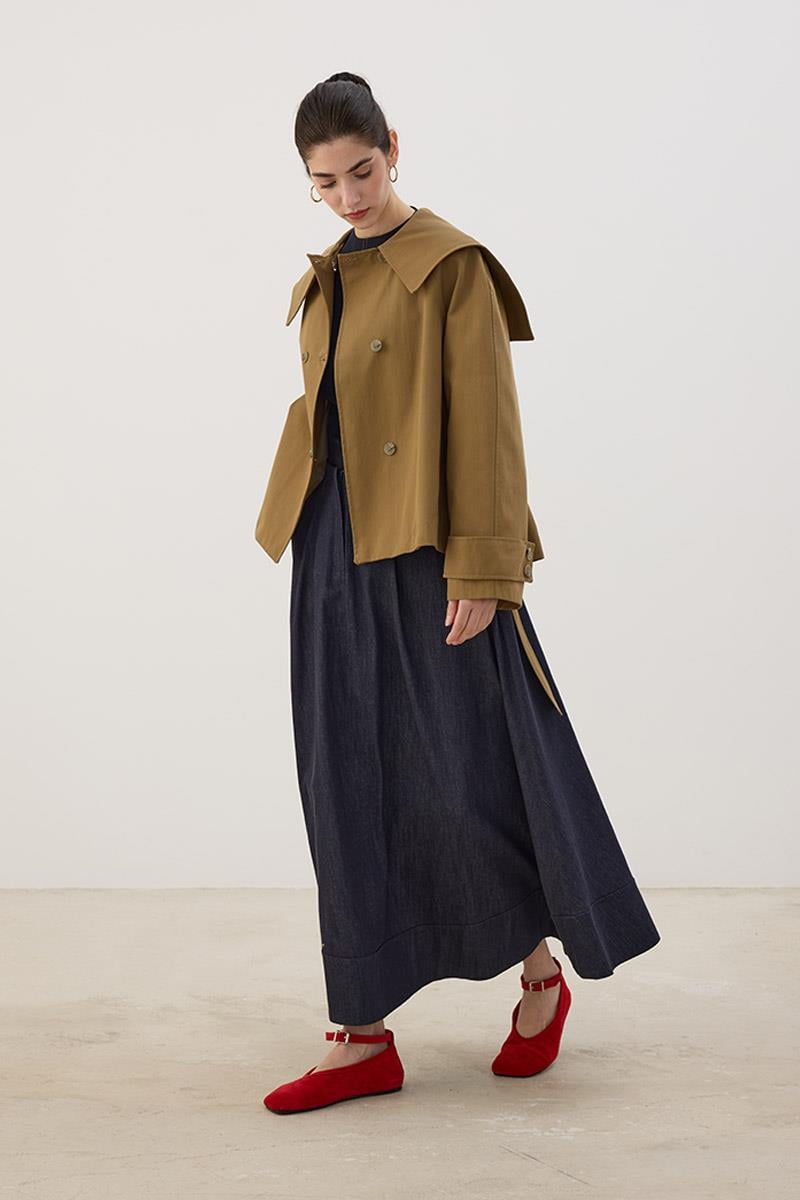 Geniş Yaka Kısa Trençkot Yağ Yeşili