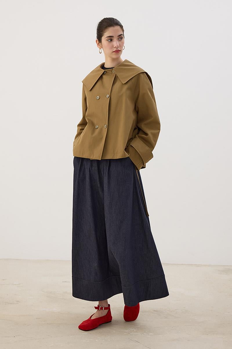 Geniş Yaka Kısa Trençkot Yağ Yeşili