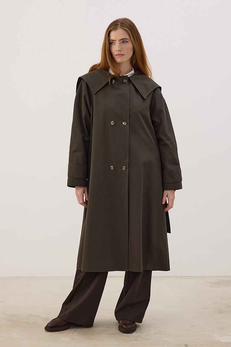 Geniş Yaka Uzun Trençkot Antrasit