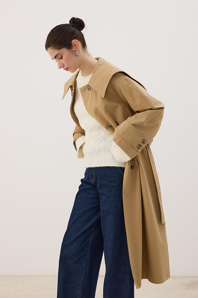 Geniş Yaka Uzun Trençkot Camel