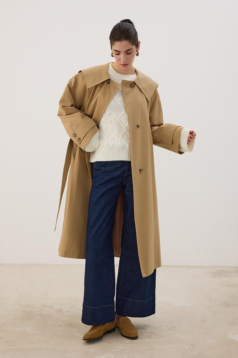Geniş Yaka Uzun Trençkot Camel
