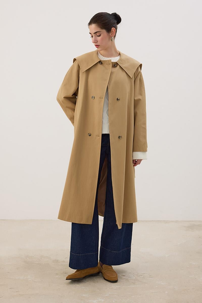 Geniş Yaka Uzun Trençkot Camel