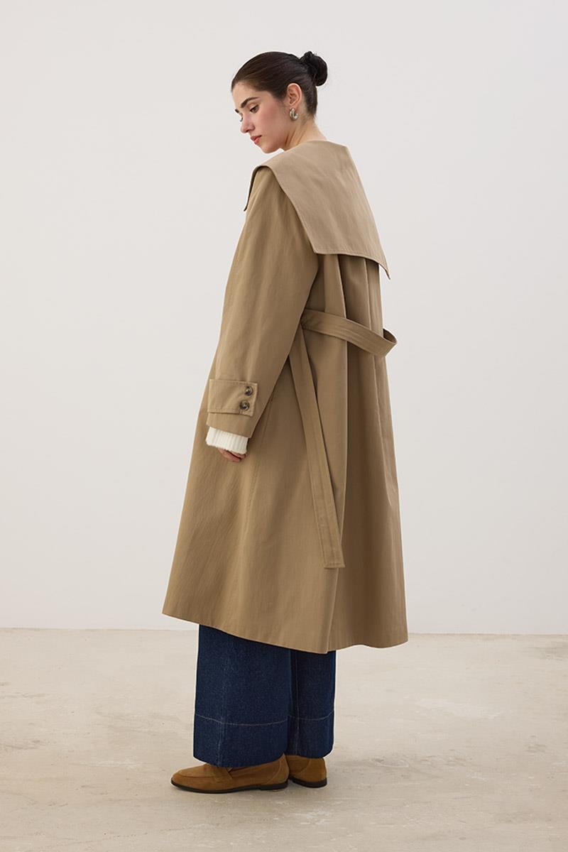 Geniş Yaka Uzun Trençkot Haki