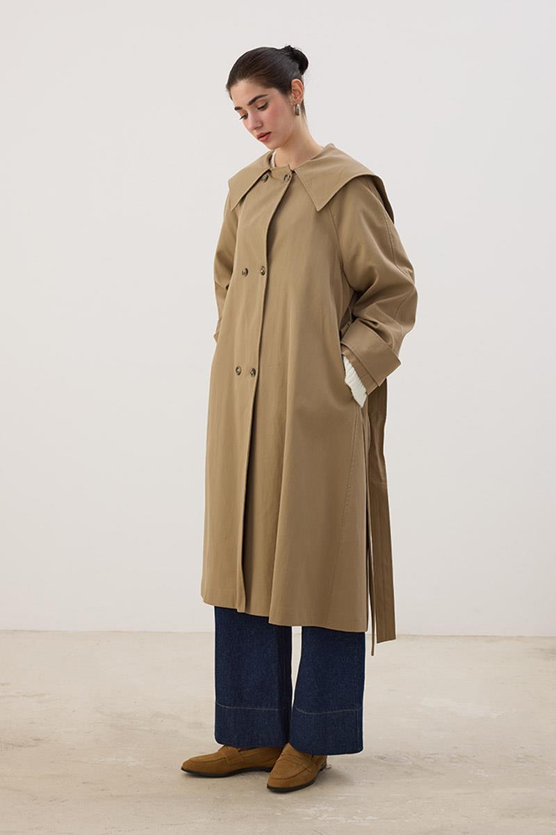 Geniş Yaka Uzun Trençkot Haki