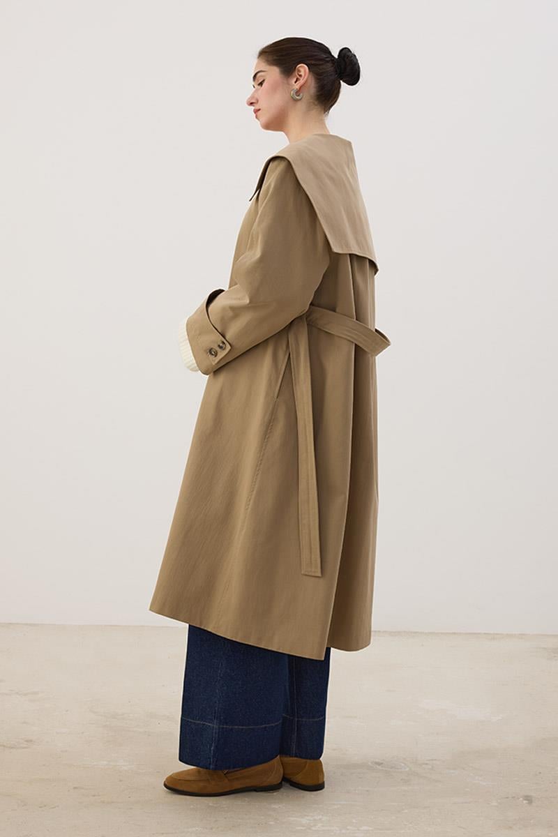 Geniş Yaka Uzun Trençkot Haki