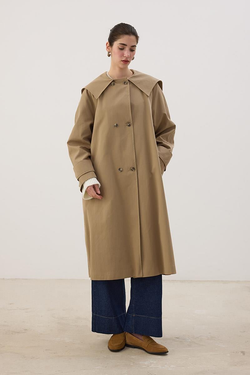 Geniş Yaka Uzun Trençkot Haki