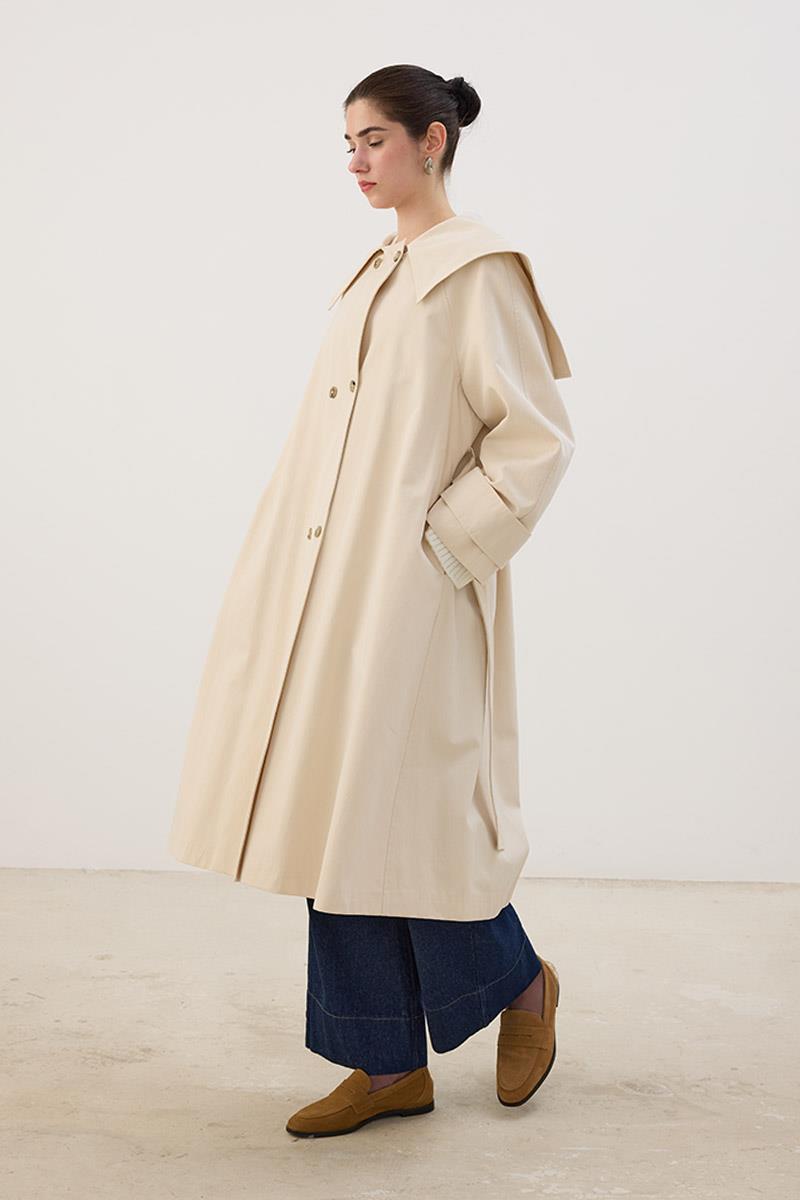 Geniş Yaka Uzun Trençkot Krem