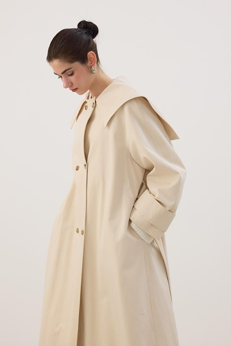 Geniş Yaka Uzun Trençkot Krem