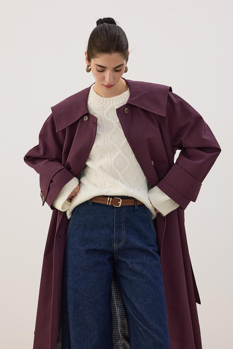 Geniş Yaka Uzun Trençkot Mürdüm