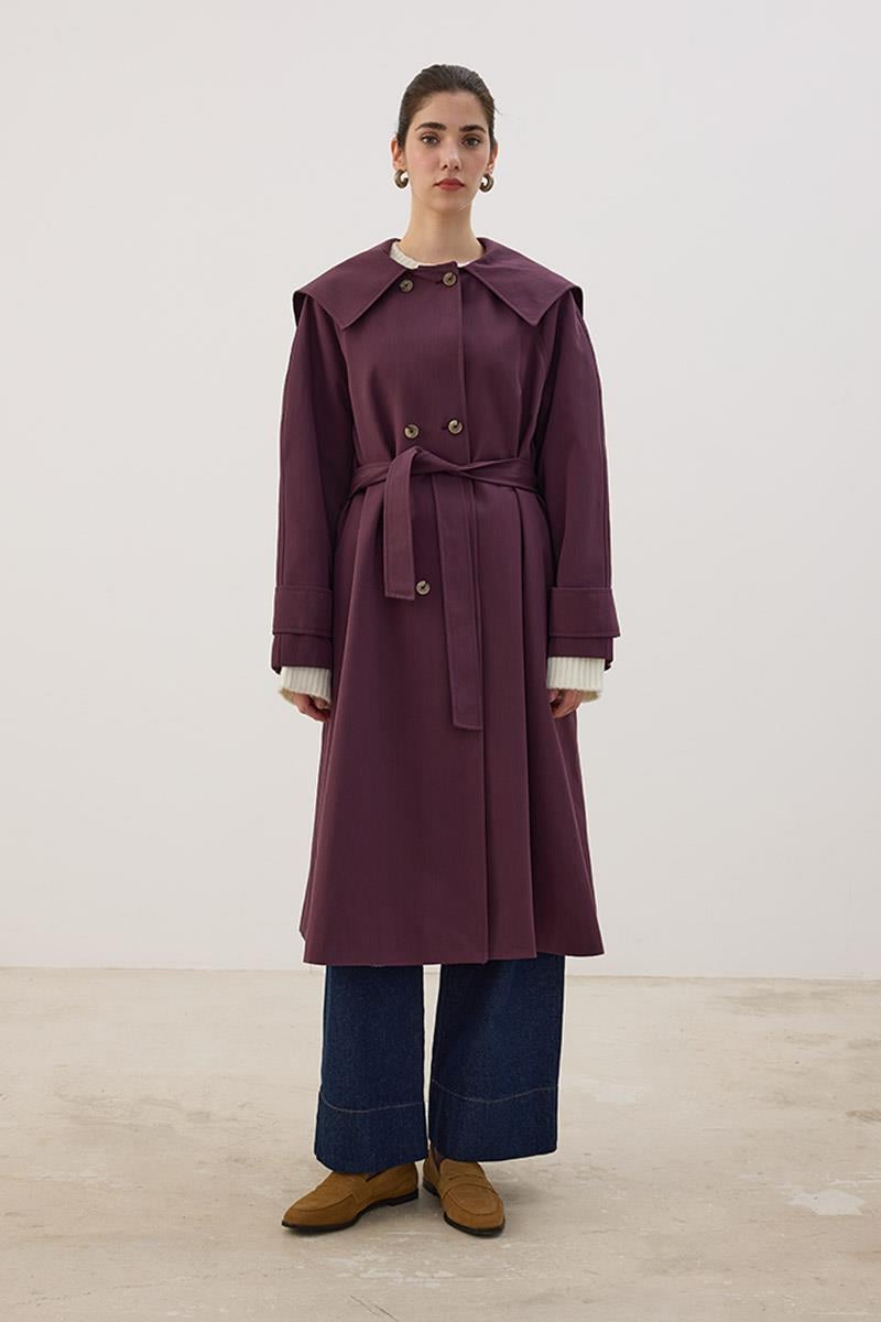 Geniş Yaka Uzun Trençkot Mürdüm