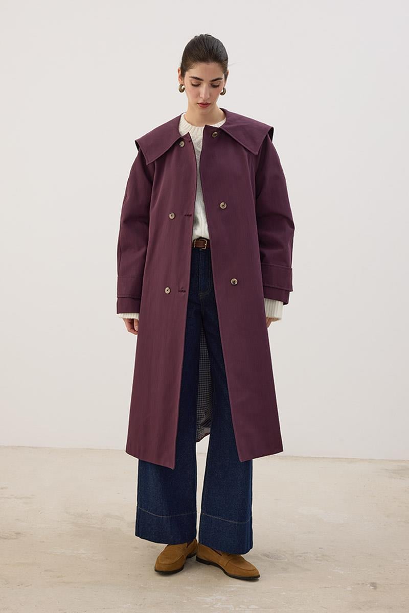 Geniş Yaka Uzun Trençkot Mürdüm