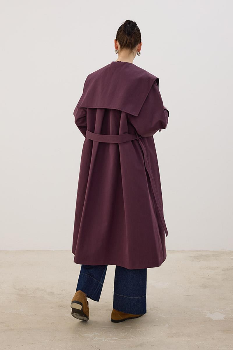 Geniş Yaka Uzun Trençkot Mürdüm