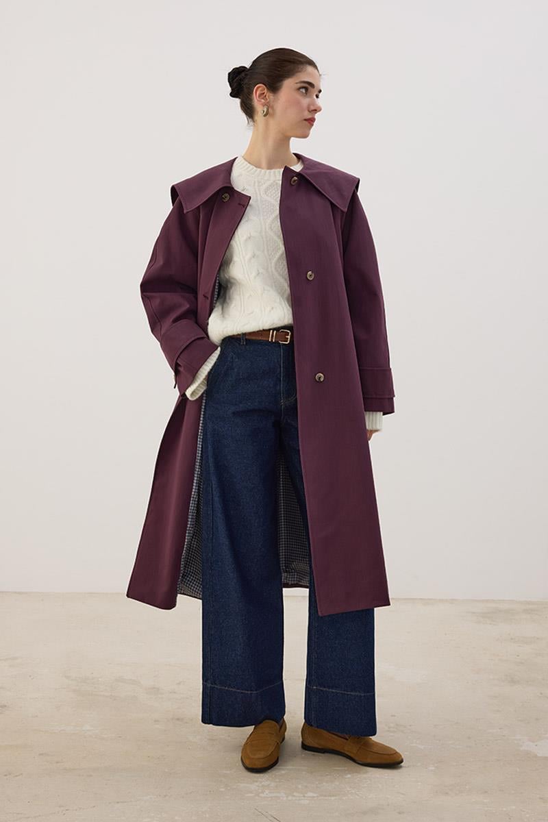 Geniş Yaka Uzun Trençkot Mürdüm