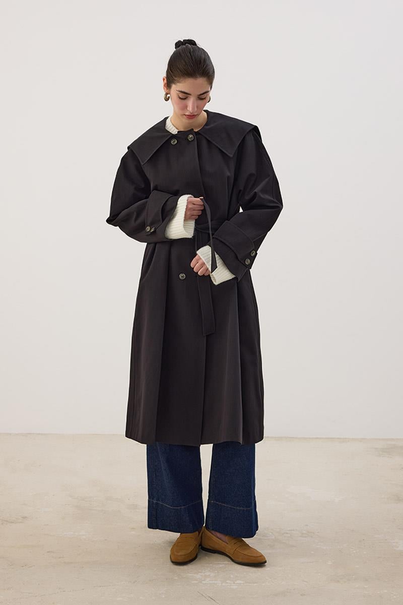 Geniş Yaka Uzun Trençkot Siyah