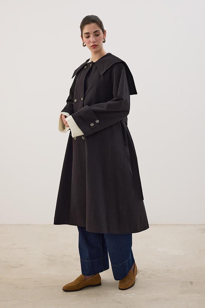 Geniş Yaka Uzun Trençkot Siyah