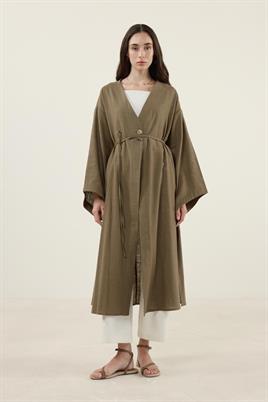 Gold Düğmeli %100 Pamuk Kaftan Haki
